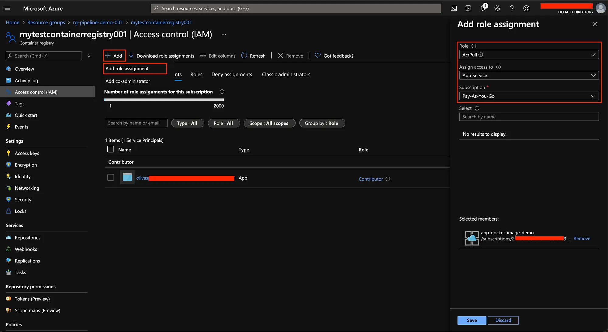 Assign “AcrPull” role to the App Service managed identity