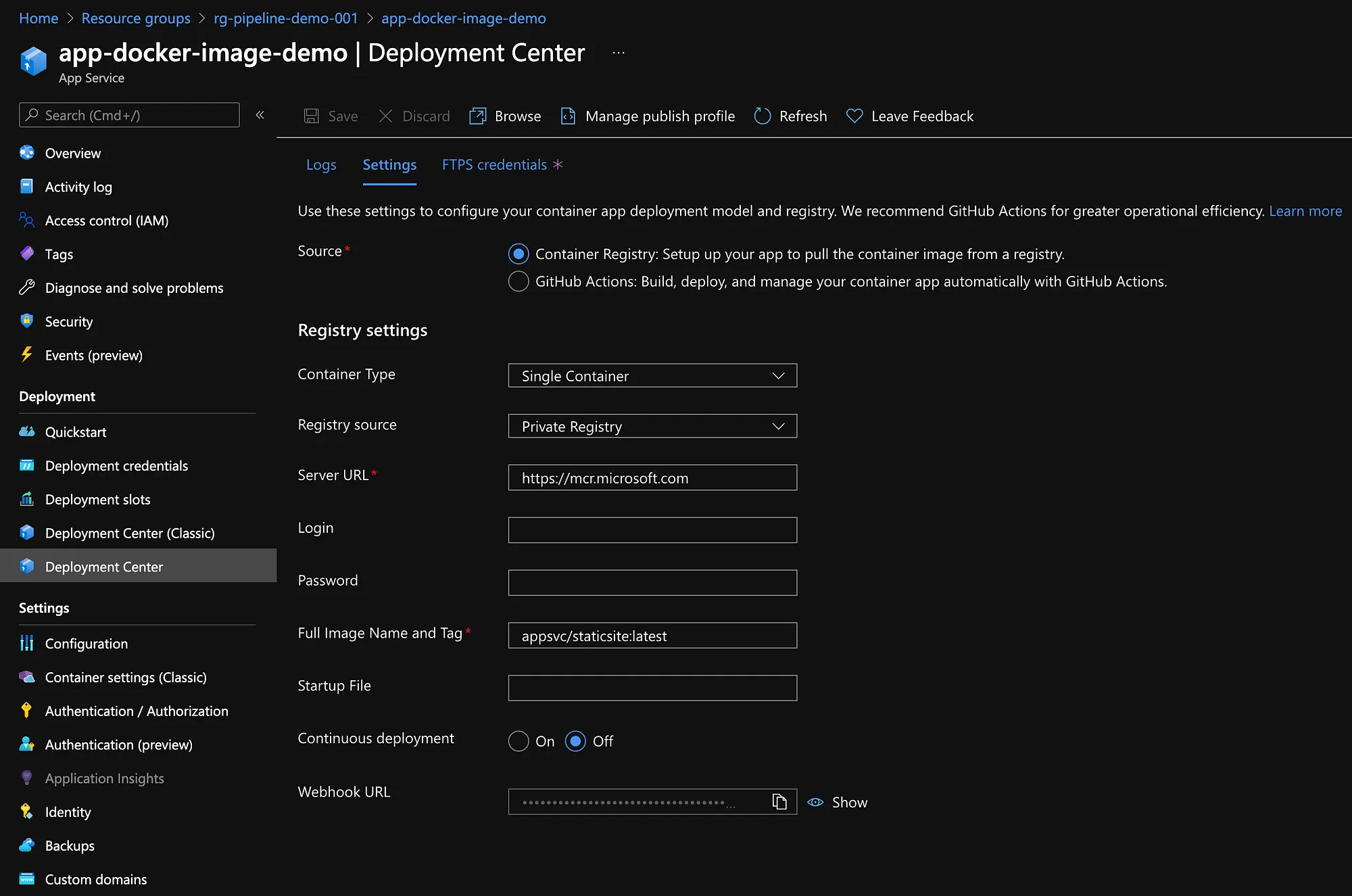 Web App container registry configuration