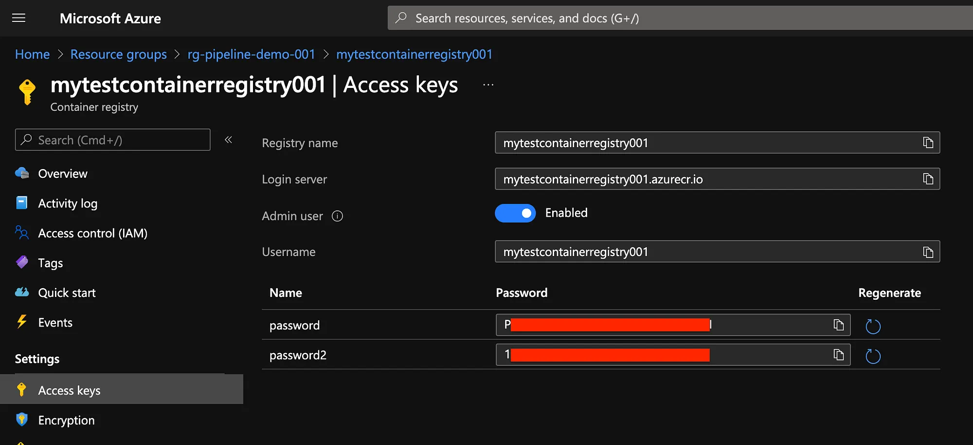 Enable Access keys for ACR