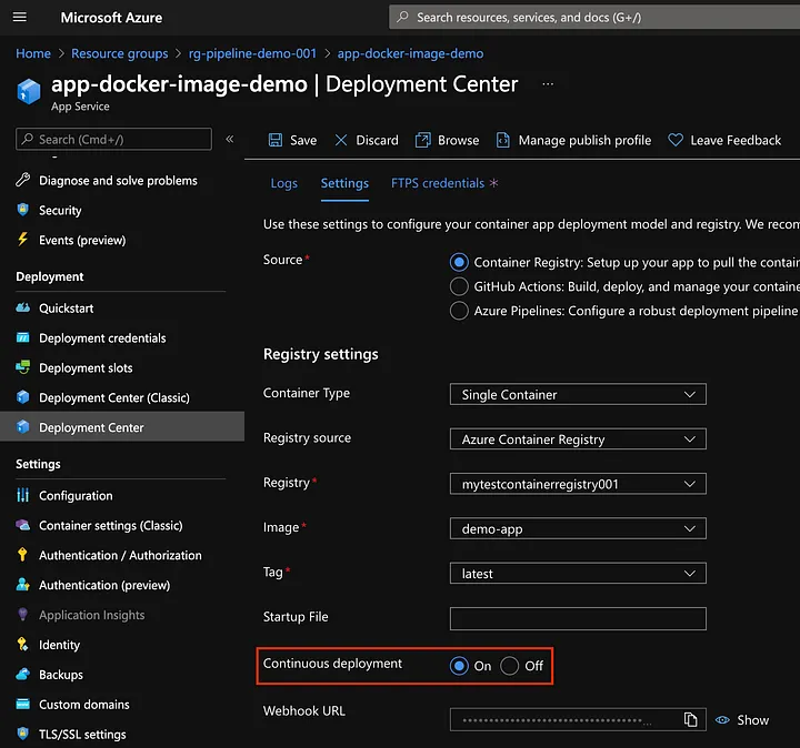 Enable continuous deployment in the App Service