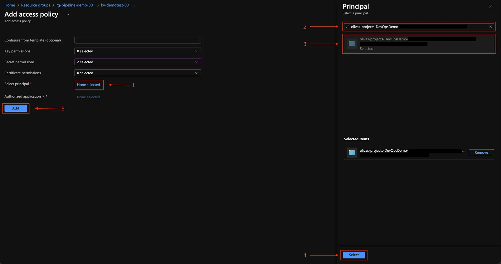 Add service principal to the access policy.