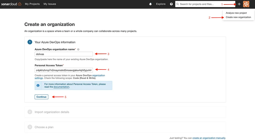 Add an Azure DevOps organization to SonarCloud, part 1.