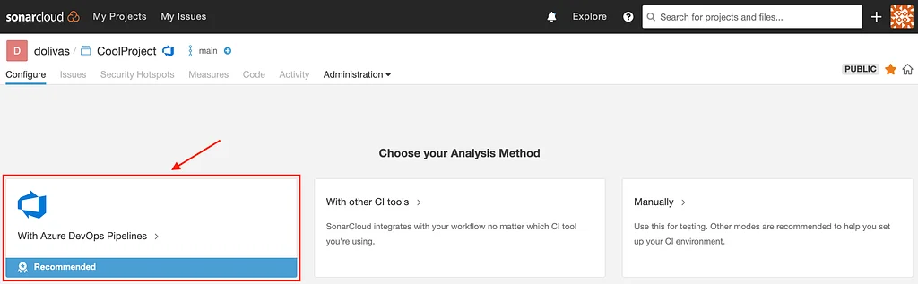 Configuring the project in SonarCloud, part 1.