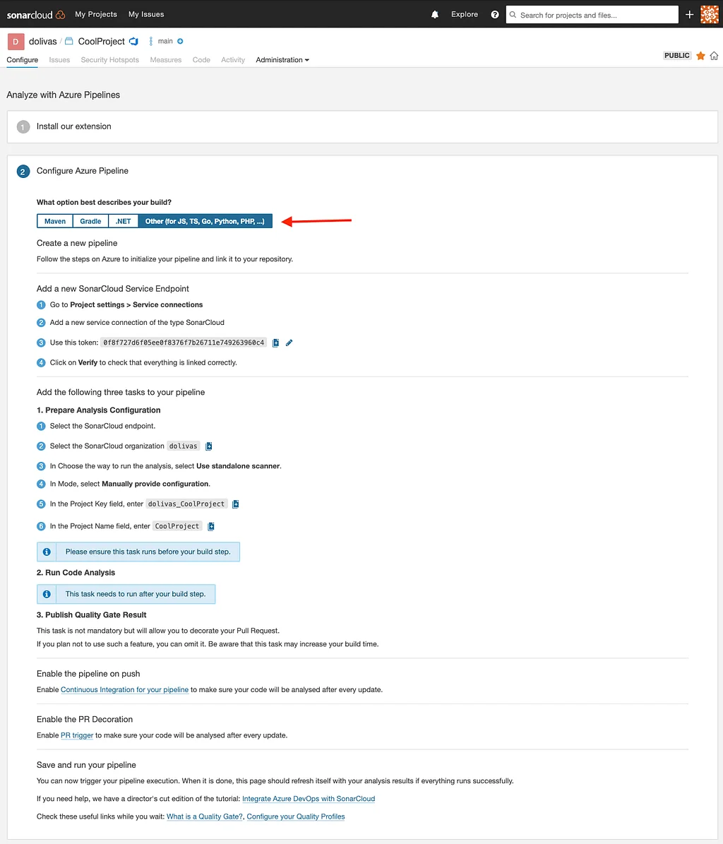 Configuring the project in SonarCloud, part 2.