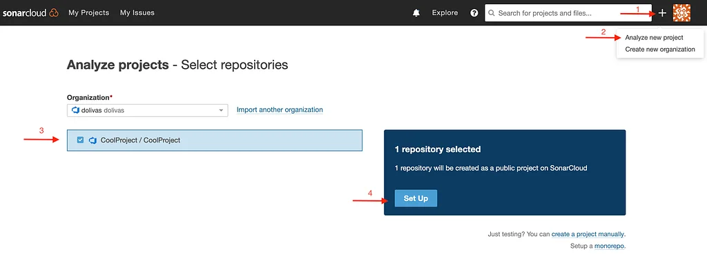 Create a new project in SonarCloud.