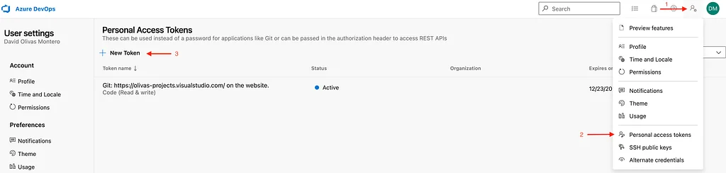 Create a Personal Access Token in Azure DevOps, part 1.