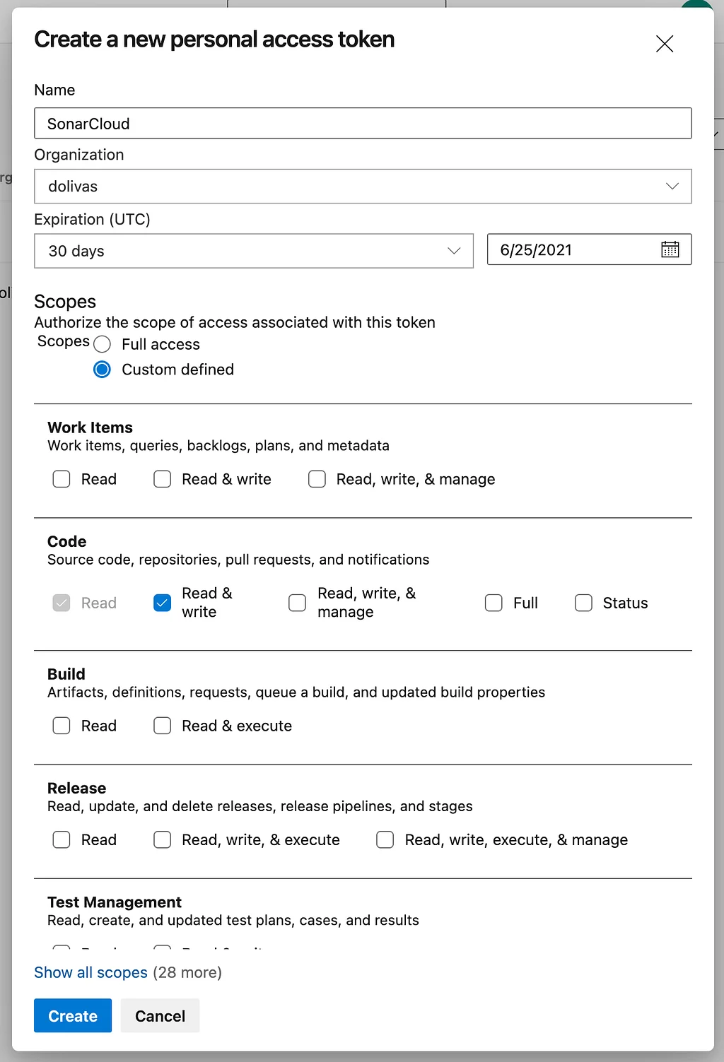 Create a Personal Access Token in Azure DevOps, part 2.