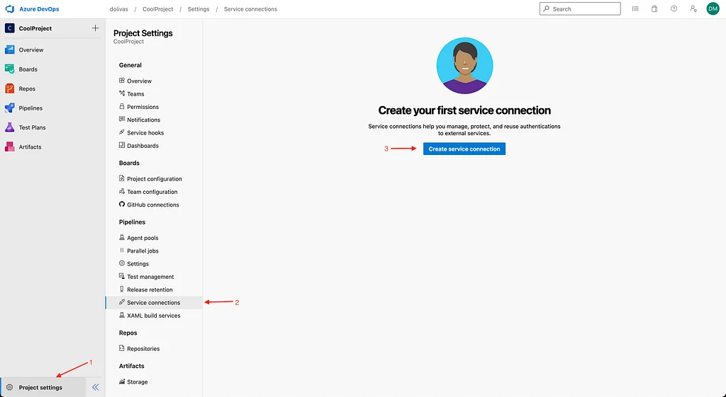 Create a Service Connection in Azure DevOps, part 1.