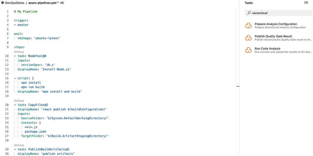 Azure Pipeline without SonarCloud tasks.