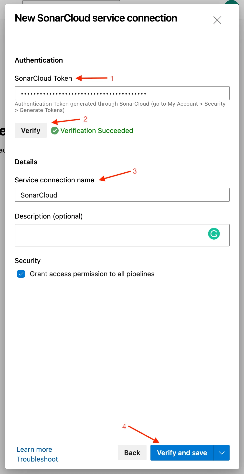 Select the SonarCloud service connection type.